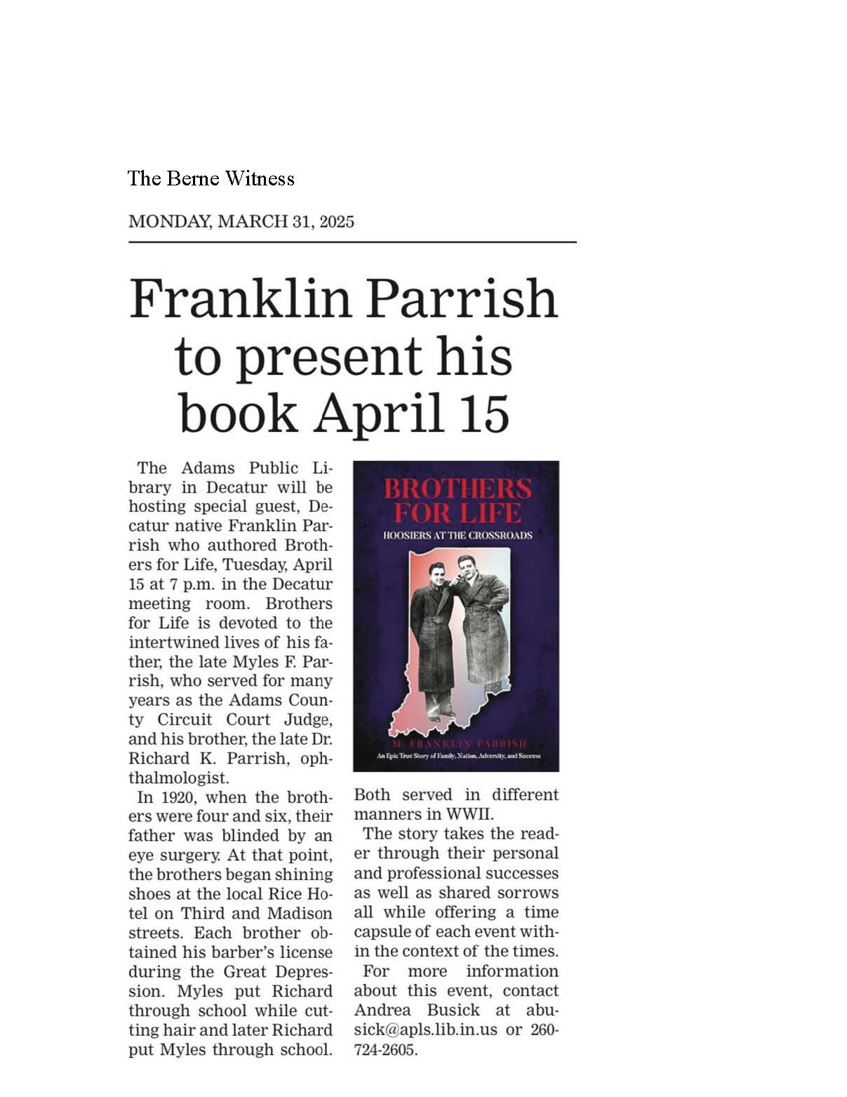 Read more about the article Berne Witness Newspaper Article